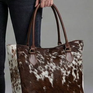 Bolso Tote de Cuero Vacuno con Pelo, Bolso de Hombro para Mujer, Patrón Marrón y Blanco, Cuero Genuino, Moda, Gran Capacidad, Uso Diario - Product Image 5