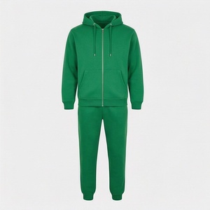 Ensemble de survêtement unisexe vert à capuche avec fermeture éclair intégrale, sweat-shirt et pantalon en coton de couleur unie pour adultes, idéal pour l'automne - Product Image 1