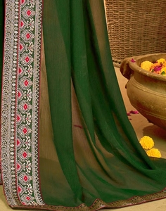 Sari en Georgette Vert pour Femme KV, Tissé à la Main, Design de Créateur, avec Blouse Non Cousue - Product Image 2