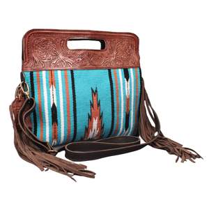 Bolso Tote Estilo Boho Western para Mujer – Parte Superior de Cuero Genuino Grabado con Tela Tejida Azteca Turquesa y Flecos - Product Image 1