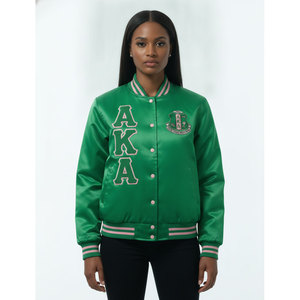 Chaqueta bomber corta de satén bordada para mujer, verde y rosa, estilo universitario griego, ropa de hermandad AKA, chaqueta griega personalizada. - Product Image 1