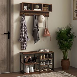 Freestanding 5-<b>Hook</b> Entryway Coat Rack and <b>Shoe</b> Bench Set Brown Hall Tree for 10 Pairs Home Furniture Coat Stand - Product Image 2