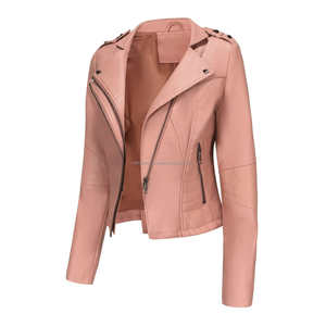 Veste en cuir pour femme rose Moto Biker Style Punk Slim Fit Rivets revers col asymétrique fermeture éclair doublure en Viscose prêt à porter - Product Image 4