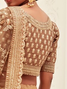 Golden Embroidered <b>Lehenga</b> Choli Set With Net Dupatta A-Line Wedding Outfit for Women - Product Image 4