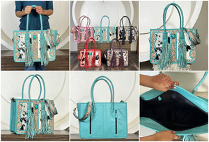 Sacs à main en cuir de fourrure turquoise de qualité supérieure, style vintage, grande capacité, sacs fourre-tout pour femmes avec pierres et franges - Product Image 3