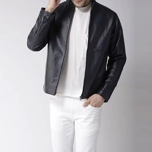 เสื้อแจ็คเก็ตหนัง PU สำหรับผู้ชาย สไตล์นักขี่มอเตอร์ไซค์ คอตั้ง ซิปหน้า สีพื้น ทรงเข้ารูป แขนยาว แบบลำลอง สไตล์ฤดูใบไม้ร่วง บริการ OEM ผลิตเสร็จสมบูรณ์ - Product Image 1