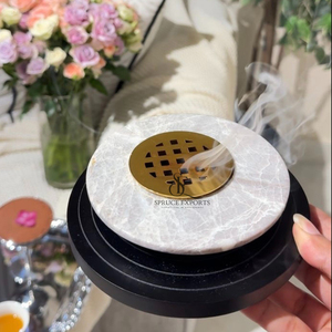 Juego de Incensario Árabe de Lujo en Mármol y Madera con Tapa Metálica con Rejilla Dorada Decoración para el Hogar Artesanal Premium de Forma Redonda B2B - Product Image 3