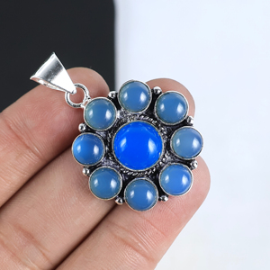 New Arrival Natural <b>Blue</b> Chalcedony Flower Pendant 925 Sterling Silver Multi-Stone Cluster Jewelry Fashion Statement <b>Necklace</b> - Product Image 3