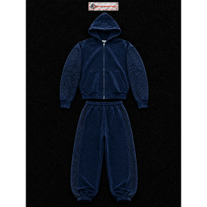 Conjunto de chándal de terciopelo azul marino para mujer, con sudadera con cremallera completa, pantalones de pierna ancha, dos piezas, con pedrería, estilo casual urbano, para correr - Product Image 5
