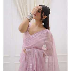 Sari de mariage de créateur avec broderie de sequins et de fils - Product Image 2