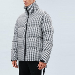 Men's <b>Checkered</b> Puffer <b>Jacket</b> Stand Collar Zipper Closure Windproof Winter Casual Thick Polyester Wadding Regular Fit - Product Image 5