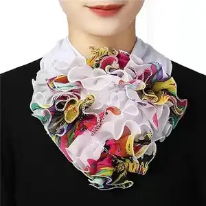 Floral Print Chiffon Neck Collar Ruffles Fake Collar Elegant Women Neckerchief Detachable Neck Warm Instant Scarf 23*14cm