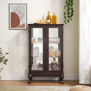 Vitrine moderne à 2 portes avec panneau arrière en verre trempé miroir, étagères réglables et éclairage intégré - Product Image 1