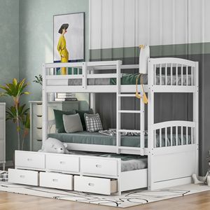 Letto a castello in legno bianco con due letti singoli, letto estraibile e cassetti - Prodotto per camere dei bambini - Product Image 1