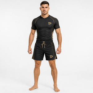 Men's Black MMA Training Kit Fitted Quick Dry <b>Polyester</b> Shorts and Shirt with Gold Logo Print Martial Art Training Set - Product Image 3