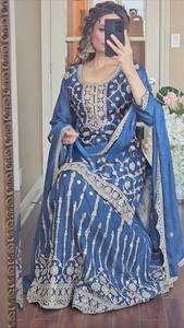 Blue Embroidered Indian Pakistani Traditional <b>Dress</b> With <b>Silver</b> Work Floor-Length Women's <b>Wedding</b> Wear - Product Image 2