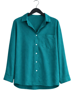 Ensemble deux pièces en lin bleu sarcelle pour femme : chemise à manches longues boutonnée et pantalon large à taille élastique – Tenue décontractée et confortable - Product Image 1