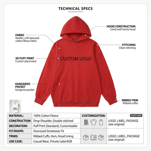 Wholesale Heavyweight <b>500</b> <b>Gsm</b> Cotton Fleece Pullover <b>Hoodie</b> Custom Logo Puff Printed Anti-Pilling Drop Shoulder Streetwear - Product Image 5