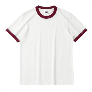 เสื้อยืดคอกลมแขนสั้นผู้ชายแบบถัก ตัดเย็บตามสั่งขายส่ง แต่งขอบตัดกัน ผ้าฝ้าย 100% ระบายอากาศได้ดี ไม่เป็นขุย ทรงหลวม สไตล์วินเทจ - Product Image 1