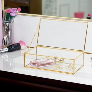 Metal & Glass Storage Boxes With Golden Frame For Jewelry Organizer And Decorative Use Handmade Glass Jewelry Box 8x5x2.5 Inches - Product Image 1