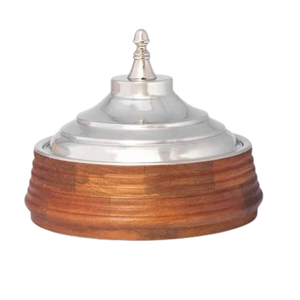 Olla caliente moderna de acero inoxidable con base de madera y tapa dorada martillada para servir comida en el hogar, hotel, restaurante, bodas y fiestas. - Product Image 4