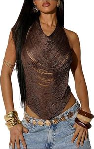 Women's <b>Fringe</b> Trim Halter <b>Tops</b> Tie Backless Party Going Out Tank <b>Tops</b> - Product Image 1