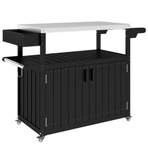 Carrello Bar da Esterno in Acciaio Inossidabile con Ruote e Isola Cucina in HDPE per Preparazione Cibo, Piano Nero - Product Image 1
