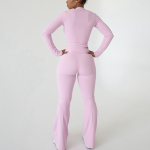 Conjunto de Yoga de 2 Piezas Color Marrón, Top Corto y Leggings Largos de Cintura Alta, Sin Costuras, Transpirables, de Color Sólido y Manga Larga - Product Image 2