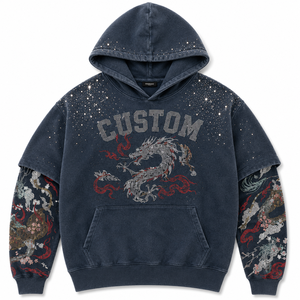 Sudadera con capucha de estilo premium con pedrería de dragón, lavada, oversize para hombre, con mangas superpuestas, gráfico personalizado, de tejido grueso, tipo jersey, proveedor - Product Image 4