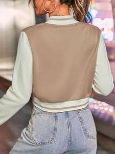 Veste courte de style universitaire pour femmes, veste bomber de baseball, couleur contrastée, motif uni, manches longues, style streetwear - Product Image 6