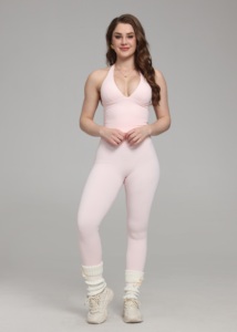 Ensemble de yoga uni pour femme, 2 pièces, avec leggings taille haute et crop top sans couture en Spandex et Polyester, col en V profond, dos nu style licou, tenue d'entraînement - Product Image 2
