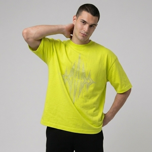 T-shirt pour homme à manches courtes jaune fluo, col rond, motif géométrique en strass, coupe ample, jersey en coton, vêtement décontracté, logo sur le devant - Product Image 3