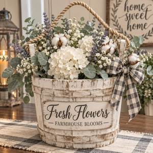 Panier à fleurs en métal style ferme avec poignée en corde, blanc vieilli, pour fleurs artificielles, décoration intérieure - Product Image 1