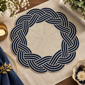 Elegant Beaded Round <b>Placemat</b> | <b>Navy</b> Braided Design Table Mat for Dining Kitchen Home Decor Handmade Table Setting Accessory Set - Product Image 4