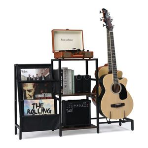 2-Tier Acoustic/Electric Guitar Stand with Vinyl Record Storage Multifunctional Musical Instrument Stand Including Bass Guitar R - Product Image 2