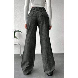 Jean en denim gris de luxe pour femme, taille haute, coupe ample à jambe large, avec placage écologique durable, style streetwear, taille (2640) - Product Image 5