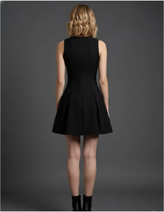 มินิเดรสสีดำสำหรับผู้หญิง เดรสกระดุมสองแถวสำหรับผู้หญิง เดรสกระดุมสีทองสำหรับผู้หญิง เดรสคอวีแขนกุด เดรสทรงพอดีตัวและทรงบานออก - Product Image 2