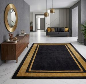 Tapis géométrique moderne rectangulaire noir avec bordure dorée, tapis en laine tuftée fabriqué à la machine, pour salon, avec dos antidérapant en caoutchouc - Product Image 4
