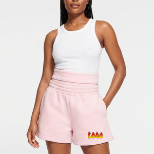 OEM Women's Double Waist Pink <b>Fleece</b> <b>Shorts</b> With Pockets Casual Loose Fit Elastic Waist Regular Style Solid Color Right Leg Logo - Product Image 4