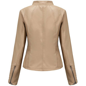เสื้อแจ็คเก็ตหนังแท้สำหรับผู้หญิง สีเบจ แบบเย็บลายข้าวหลามตัด สไตล์ไบค์เกอร์ ทรงเข้ารูป สวมใส่สบาย เสื้อคลุมแฟชั่นสุดฮิต ขายดี ทันสมัย เหมาะสำหรับสาวๆ สไตล์คาเฟ่เรเซอร์ - Product Image 2