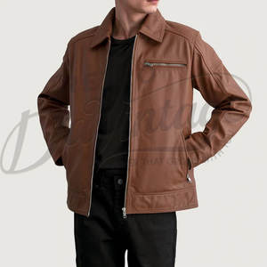 Chaqueta de cuero marrón para hombre, piel de oveja auténtica, corte ajustado, para otoño e invierno, estilo casual, tipo moto, con cuello de camisa y cierre de cremallera. - Product Image 6