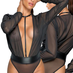 Women's Black Mesh Bodysuit See Through Hollow Out Sexy Lingerie Shapewear With Thigh High Boots - Product Image 6
