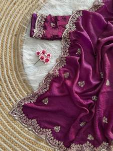 Sari en Georgette Douce de Luxe avec Broderie et Bordure Découpée, Tenue de Mariage Indienne, Vente en Gros avec Blouse - Product Image 3