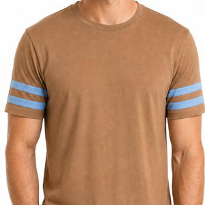 Camiseta Personalizada para Hombre con Rayas en las Mangas, Cuello Redondo, Color Marrón Claro, Azul Cielo, Doble Raya, Manga Corta, Informal - Product Image 2