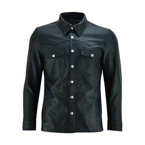 <b>Men's</b> Black Leather Look Button Up <b>Shirt</b> Long Sleeve Collared Casual <b>Western</b> Style Top with Pockets - Product Image 1