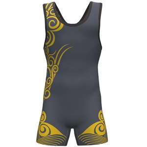 Singlet de Lucha Libre para Hombre, Color Gris Oscuro, Estampado Tribal Dorado, Ajustado, Spandex, Poliéster, 160g, Elástico, Diseño que Absorbe la Humedad, Deportes de Combate - Product Image 1
