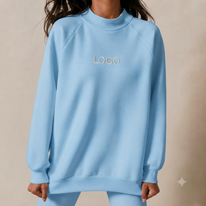 Sweat-shirt oversize à col montant bleu clair pour femme, logo brodé, coupe classique, manches longues, en coton tricoté, pour l'automne - Product Image 1
