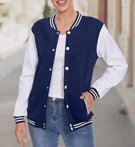 <b>Women</b> Varsity <b>Jacket</b> Navy <b>White</b> Contrast Color Full Sleeve Button Up Collar Regular Length Autumn Streetwear - Product Image 5