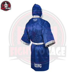 Robe de boxe sur mesure de qualité supérieure pour adulte, bleue avec détails blancs, pour homme, pour la marche sur le ring de boxe. - Product Image 2