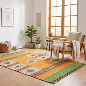 Tapis Kilim en Coton à Rayures Tribales pour Salon, Intérieurs Contemporains et Nordiques, Tapis Kilim pour Espaces de Vie - Product Image 1